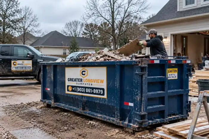 Greater Longview Dumpster roll-off container in residential Longview TX driveway with worker loading debris
